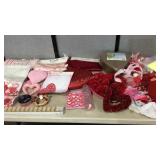 Storage tote with valentine day decor, linens,