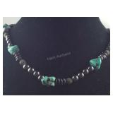Turquoise and black bead necklace 22in