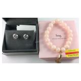 Rose quartz gemstone stretch bracelet and CZ