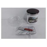 Group of household items, metal canister with