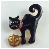 Enameled Halloween black cat goldtone brooch