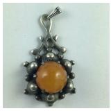 Orange Cabochon Stone Pendant Sterling Silver 6