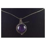 Cabochon Amethyst Locket Necklace Sterling Silver
