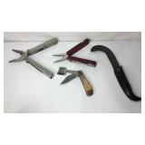 Knives, multi tool, mini cherry tree chopper, etc