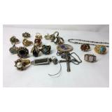 Costume jewelry, rings, cross necklace, wooden