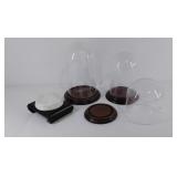 Display stands, 2 wood stands with glass domes,