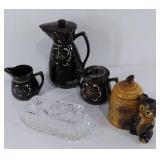 Group of serving pieces, coffee pot, sugar and