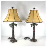 Pair of palm tree style table lamps, with shades,