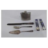 Metal items, stainless whiskey flask, 2 souvenir