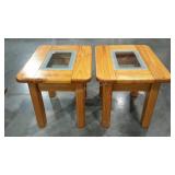 Two light wood end tables, glass insert center,