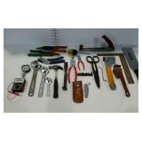 Tools, hammer, pipe wrench, pocket knife with