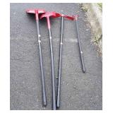 4-Tools, 2-shovels, hoe, scratch rake, freshly