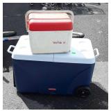 Two Coolers, Rubbermaid Wheeled double access lid