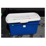 Rubbermaid tote with tool contents saws, pliers,