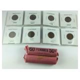 Wheat pennies, two rolls and a sheet of 8