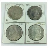 Four 1921 Morgan Dollars