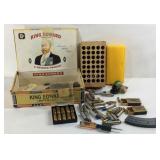 Cigar box with assorted ammo, 45 auto, 38