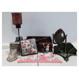 Home decor, wall shelves, mirror, needlepoint