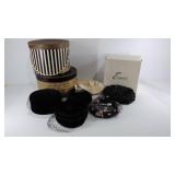 Six ladies hats and three hat boxes, one hat has