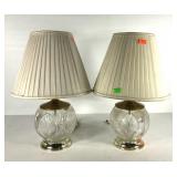 Pair of etched glass table lamps, stand 21" tall,