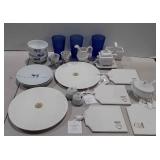 White and blue dinner and glass group, plates,