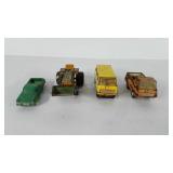 Four vehicles, includes metal Tonka bus, truck