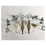 Metal wall hooks, boards, horses a duck and acorn