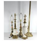 Brass lamp group, four table lamps and a floor