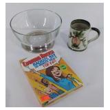 Glass and metal bowl, mug, Rachel Ray cookbook