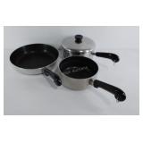 Revere Ware, skillet and 2 sauce pans, one lid