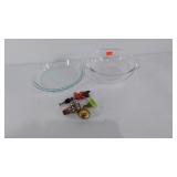 Two Pyrex pieces, mixing bowl and pie plate, plus