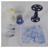 Blue and white china items, tile, toothbrush