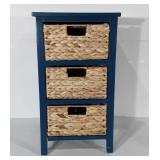 Painted wooden stand with three wicker baskets,