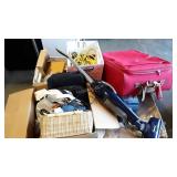 Skid lot: vacuum, baskets, rope, suitcase,
