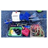 Skid lot: gas can, garden tools, snow shovel,