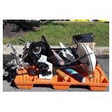 Skid of: enamel pots, weed barrier, microscope,