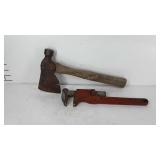Tools, hatchet and Trimo pipe wrench