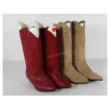 Two pair ladies boots, with forms, tan 7.5 M, red