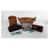 Sewing supplies, basket with threads,