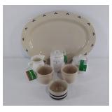 Ceramic serving dishes, platter, sugar, creamer