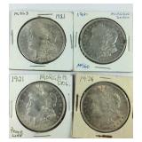 Four 1921 Morgan dollars