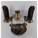 Brass decor items, candle holders, vase, bowl