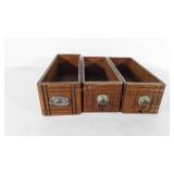 Three wooden sewing table drawers, 5" x 13" and