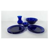 Cobalt blue glassware, includes five plates, two