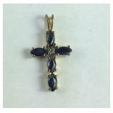 Sterling Silver Gold Tone Sapphire Cross Pendant