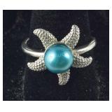 Silver Ring Star Fish Shaped With Blue Pearl Like