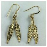Gold Tone Dangling Feather Earrings 1 1/16th"