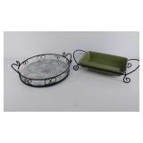 Two serving pieces, metal and glass serving tray