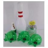 Six banks, 3 plastic piggy banks, 3 other banks