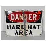 Danger hard hat area metal sign, shows wear, 10"